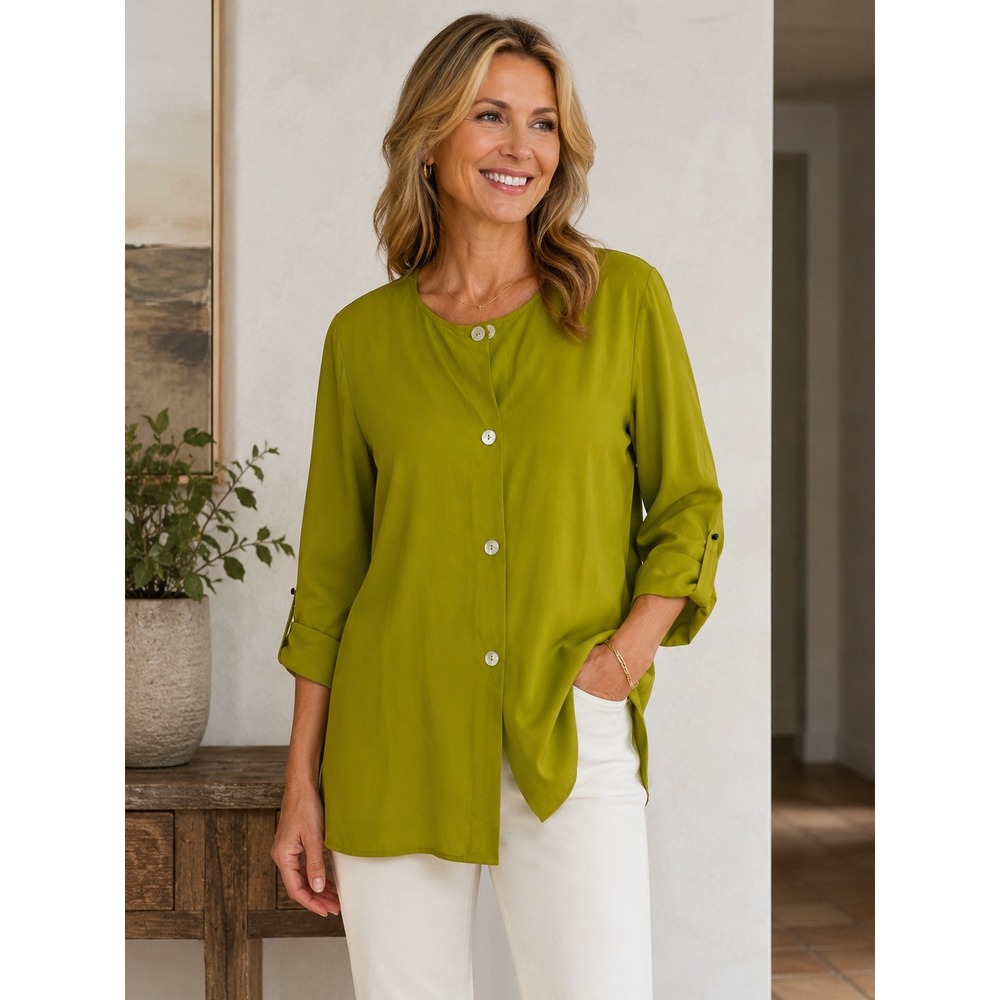 Clio Silk Blouse Women L Green Chartreuse Roll Tab Button Down Tunic Luxury 2462